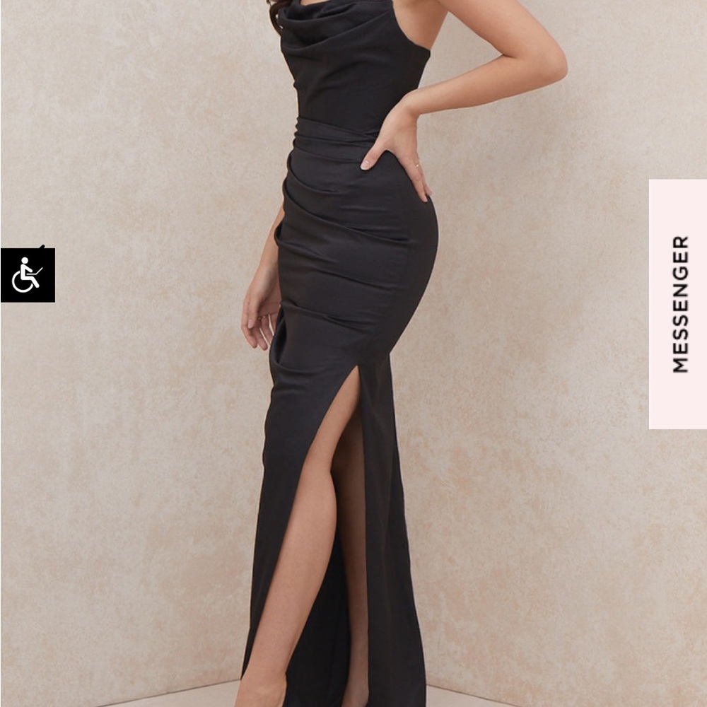 Strapless black long slit high thigh. From house of cb